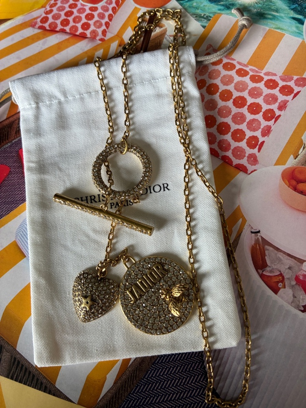 Dior Gold Crystal Heart and J'ADIOR Logo Lariat Necklace